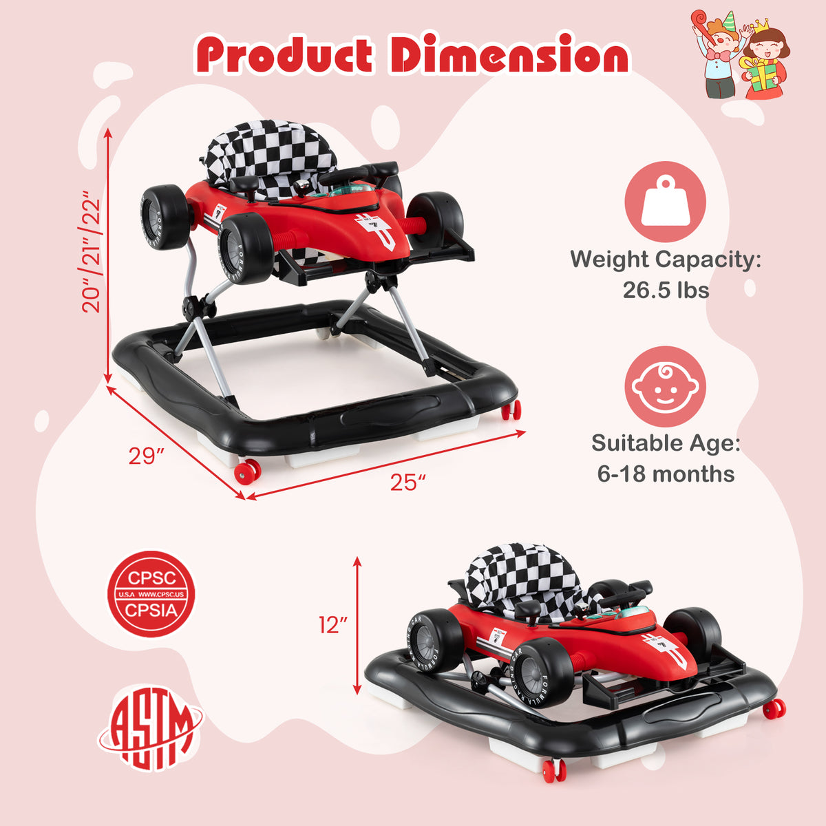 4-in-1 Baby Push Walker Activity Center with Music, Height Adjustable - Red, Costway