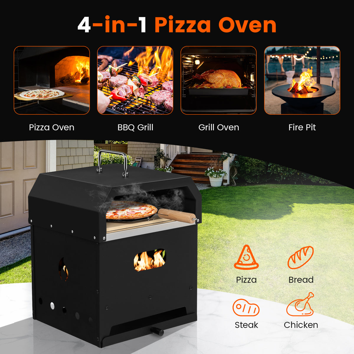 4-in-1 Outdoor Portable Pizza Oven with 12 Inch Stone