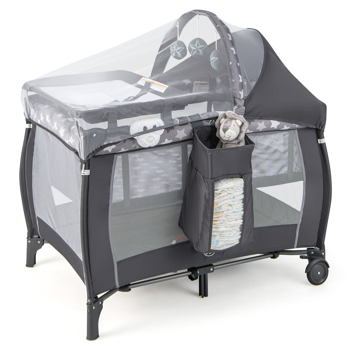 Baby Portable Nursery Center 4-in-1 Travel Crib with Canopy - Gray