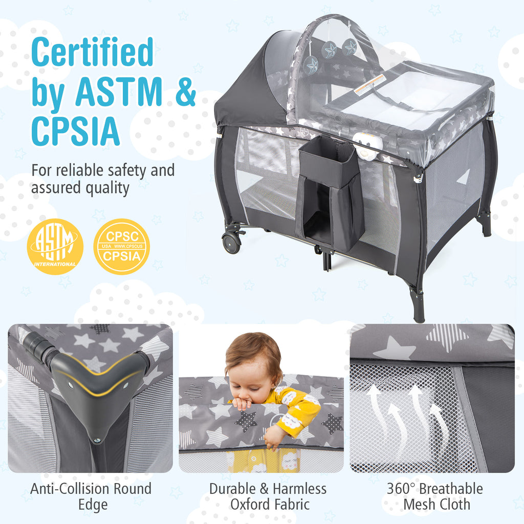 Baby Portable Nursery Center 4-in-1 Travel Crib with Canopy - Gray