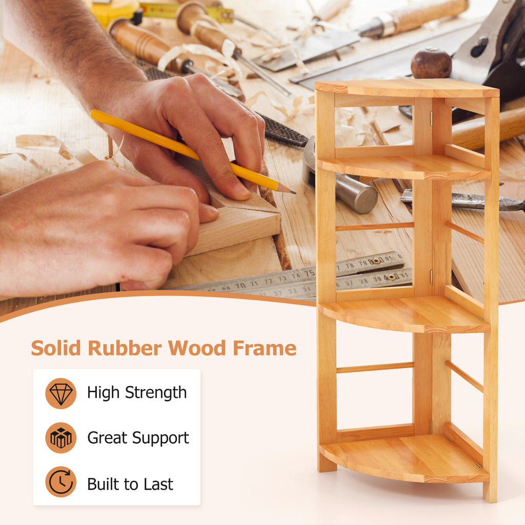 4-Tier Corner Shelf with Rubber Wood Frame and Anti-Toppling Kit