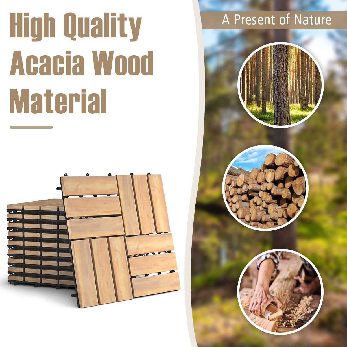 Checker Pattern Acacia Wood Interlocking Deck Tiles - 12x12 Inch, 10 Pack
