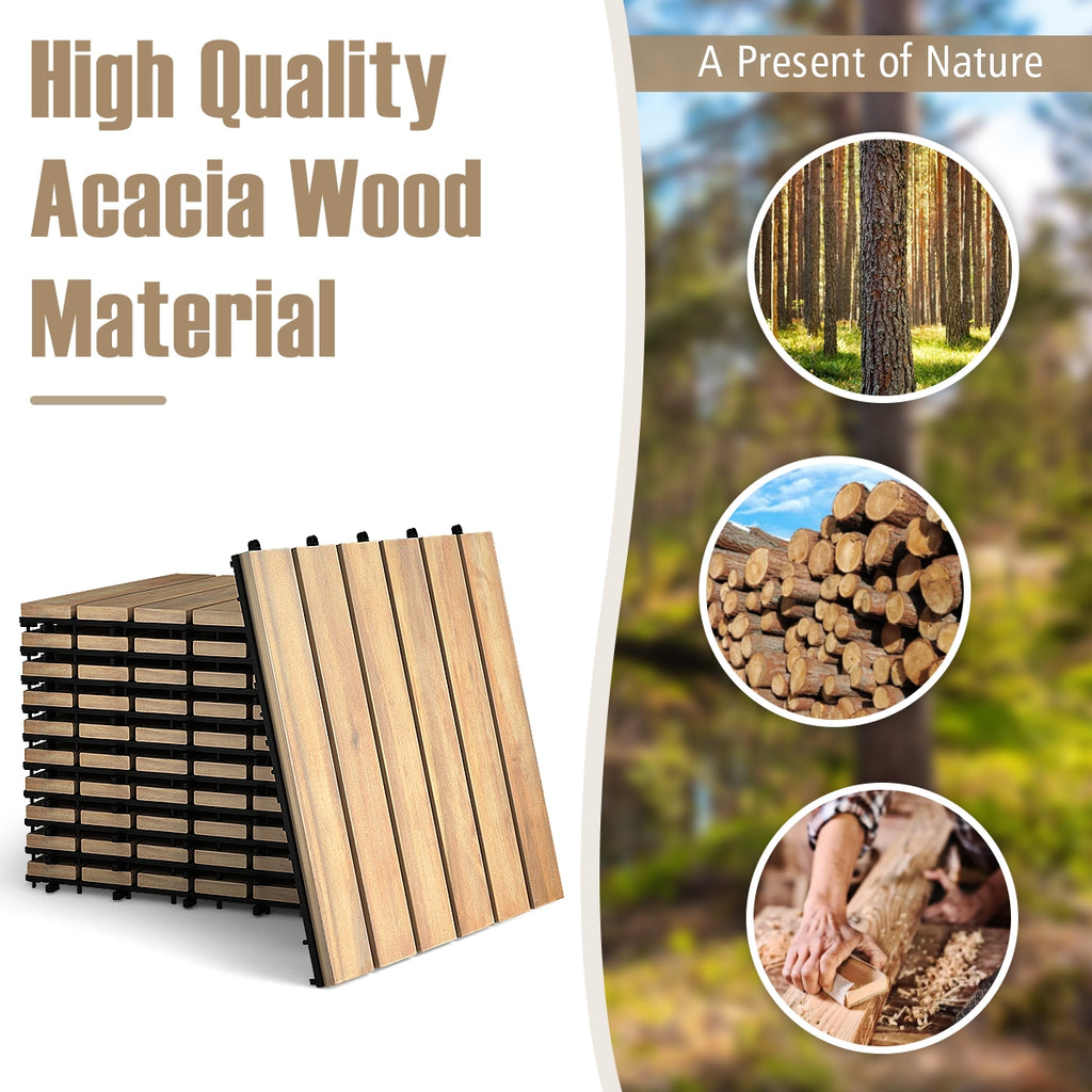 Interlocking Acacia Wood Floor Tiles - Stripe Pattern, 10 Pack, 12x12 Inch