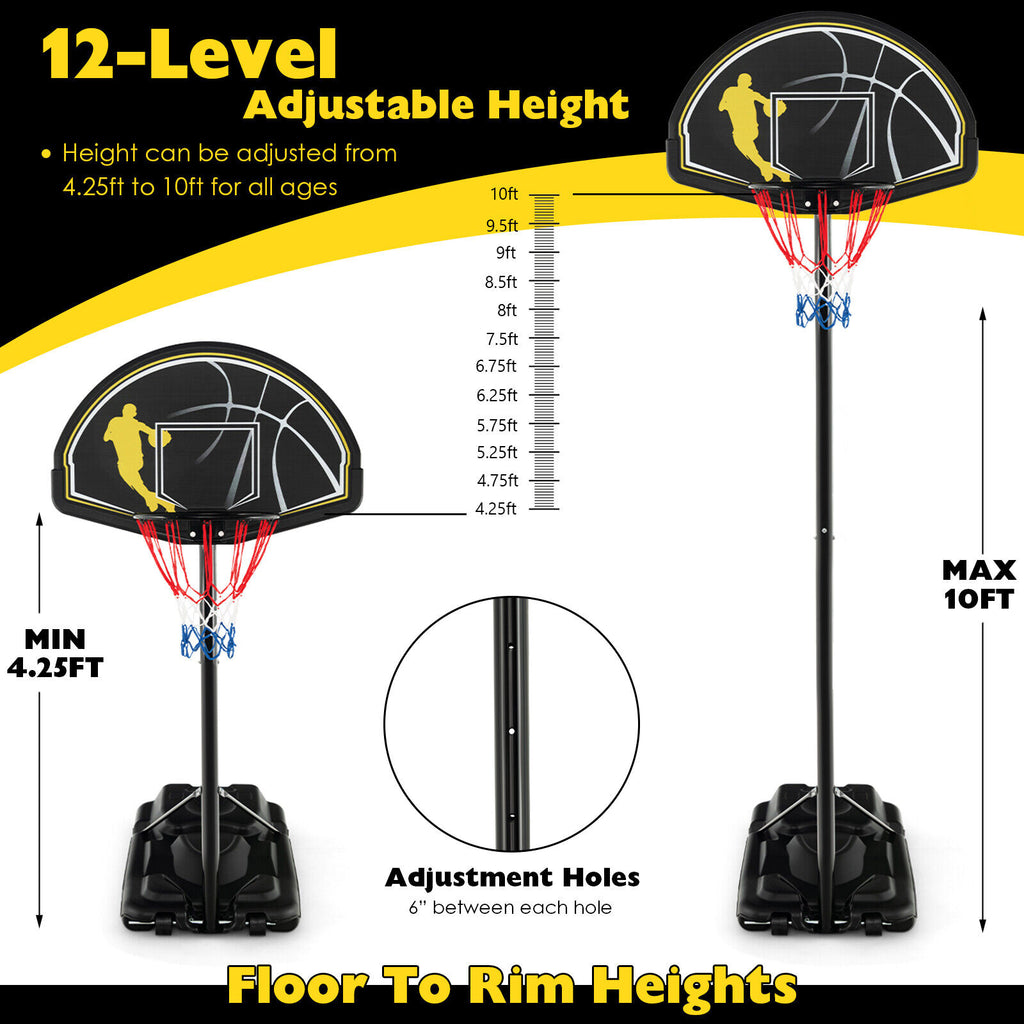Portable Adjustable Basketball Hoop System 4.25-10 Ft with Backboard & Rim