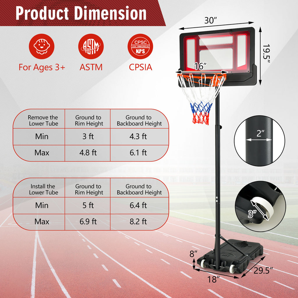 Teenager 3-6.9 Ft Portable Basketball Hoop with Fillable Base & Wheels – Black & Red