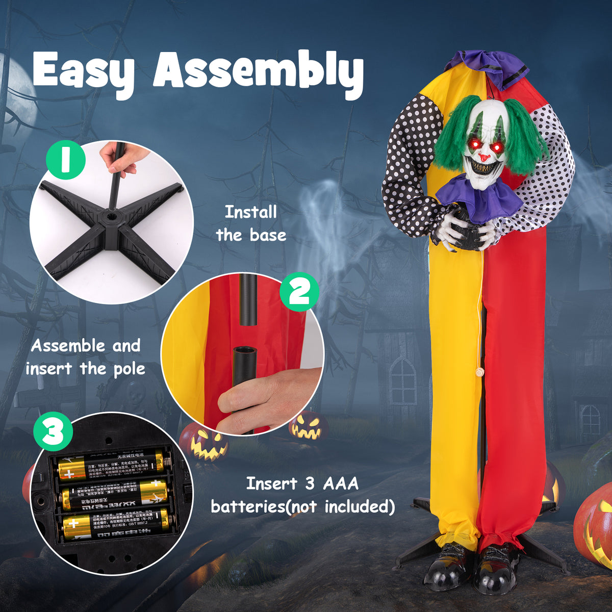 4.5ft Animatronic Clown with Pre-Recorded Phrases and LED Eyes - Creepy Halloween Decoration (Variation: Clown)