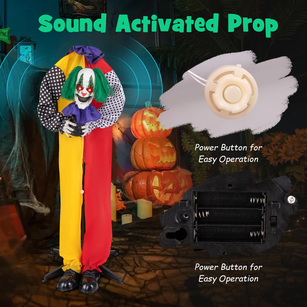 4.5ft Animatronic Clown with Pre-Recorded Phrases and LED Eyes - Creepy Halloween Decoration (Variation: Clown)