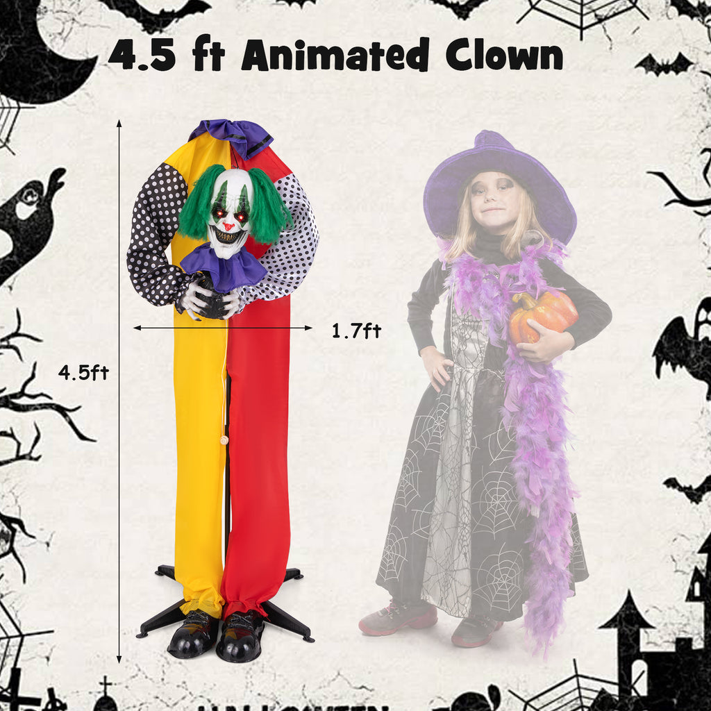 4.5ft Animatronic Clown with Pre-Recorded Phrases and LED Eyes - Creepy Halloween Decoration (Variation: Clown)
