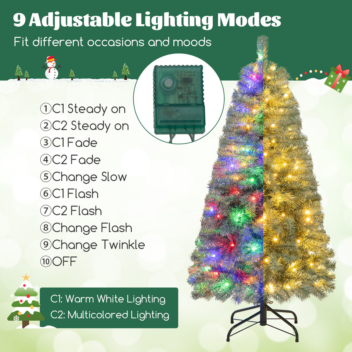 4.5 ft Pre-Lit Blue Artificial Christmas Tree Slim with 9 Lighting Modes