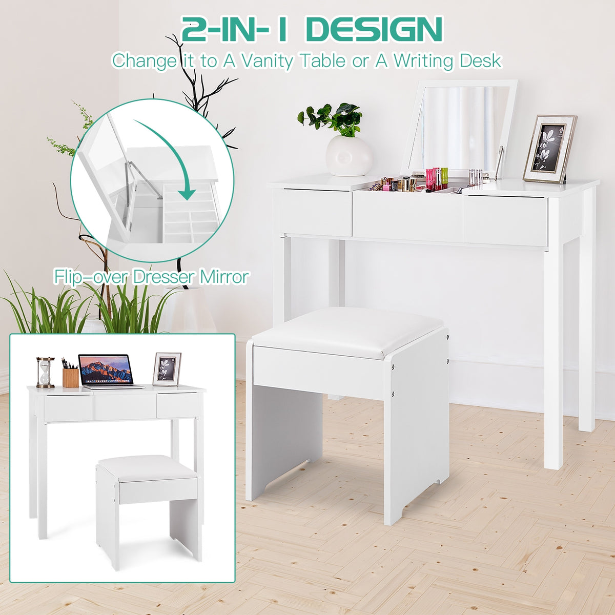 Makeup Dressing Table with Flip Top Mirror & Cushioned Stool, White