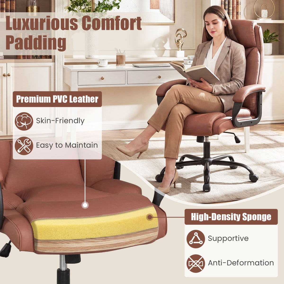 Ergonomic Executive Office Chair with Headrest - Brown