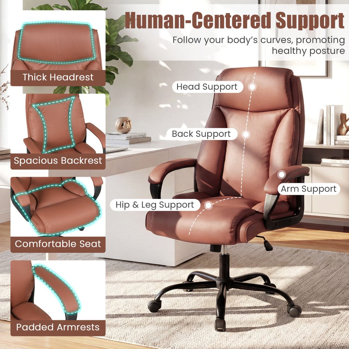 Ergonomic Executive Office Chair with Headrest - Brown