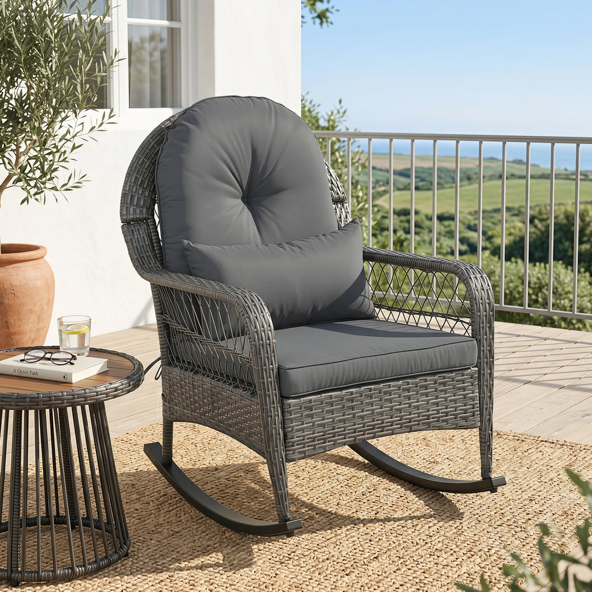 400 LBS Patio Rattan Rocker Chair with Anti-Tip Stoppers and Thick