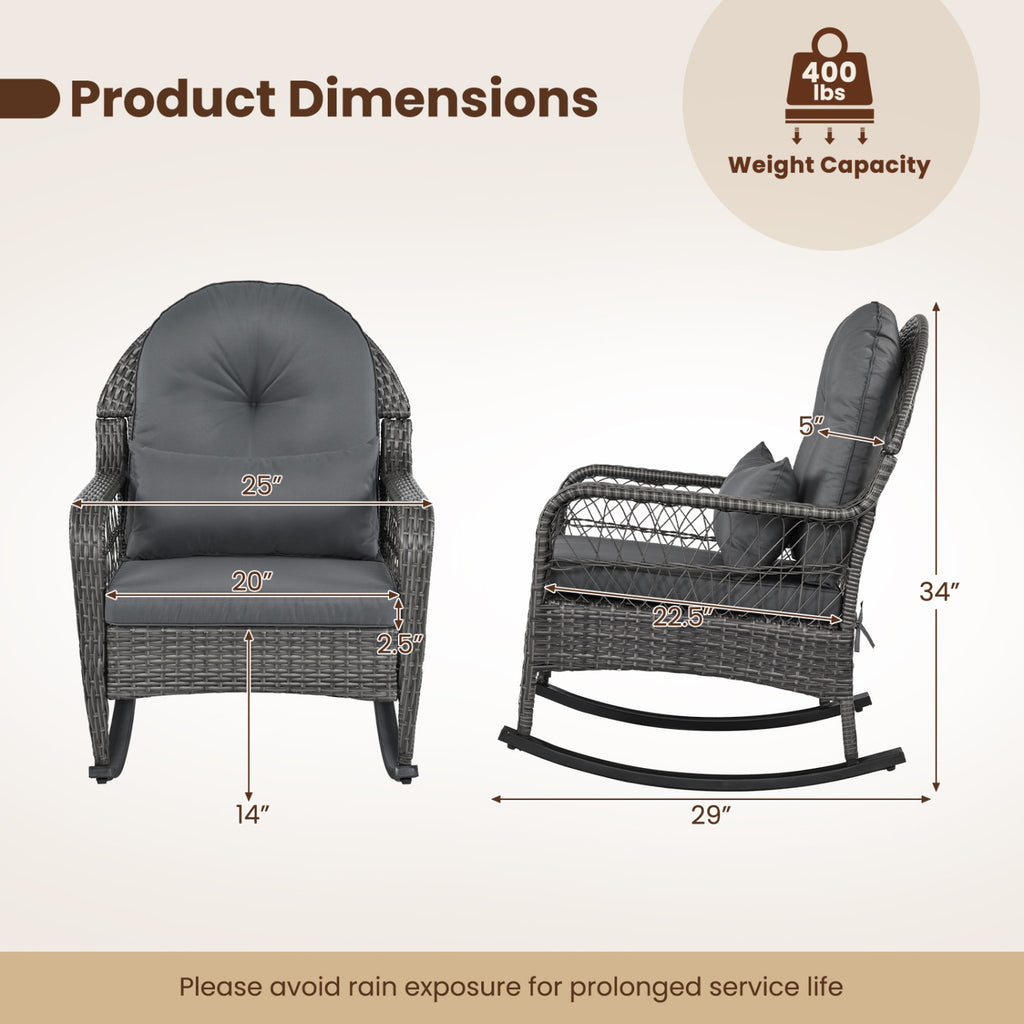 400 LBS Patio Rattan Rocker Chair with Anti-Tip Stoppers and Thick