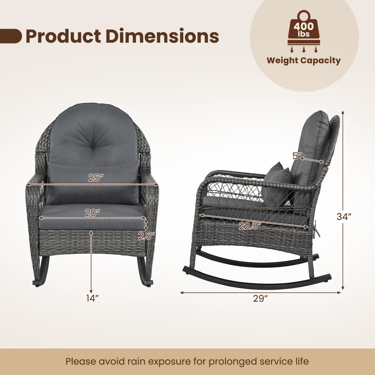 400 LBS Patio Rattan Rocker Chair with Anti-Tip Stoppers and Thick
