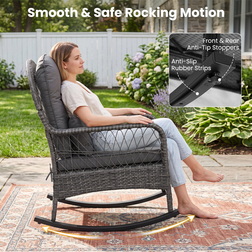 400 LBS Patio Rattan Rocker Chair with Anti-Tip Stoppers and Thick