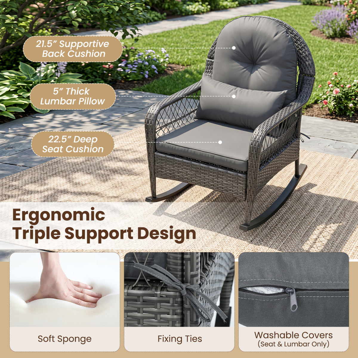 400 LBS Patio Rattan Rocker Chair with Anti-Tip Stoppers and Thick