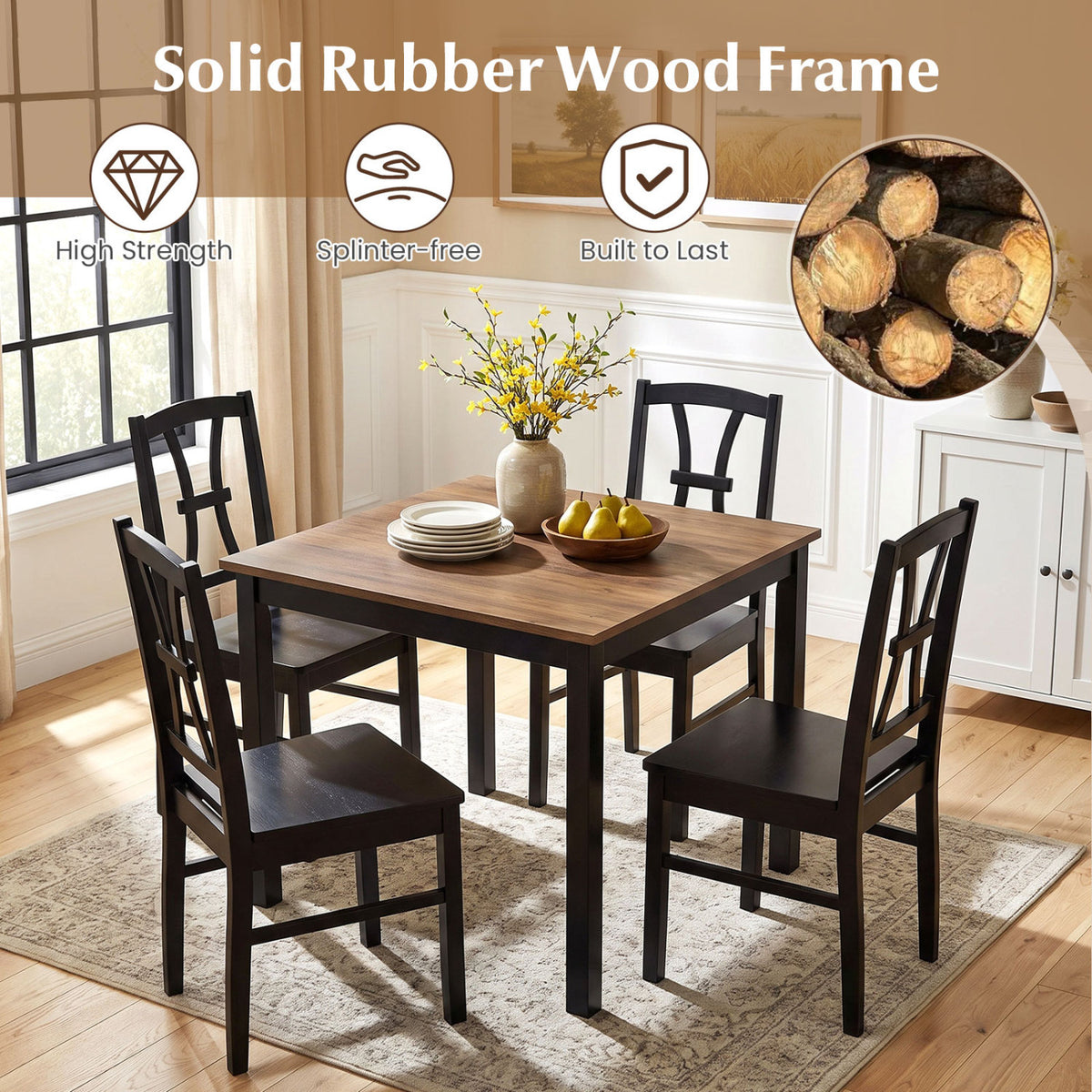 Dining Chair Set of 2 with Cross Backrest - Wood Seat, Black