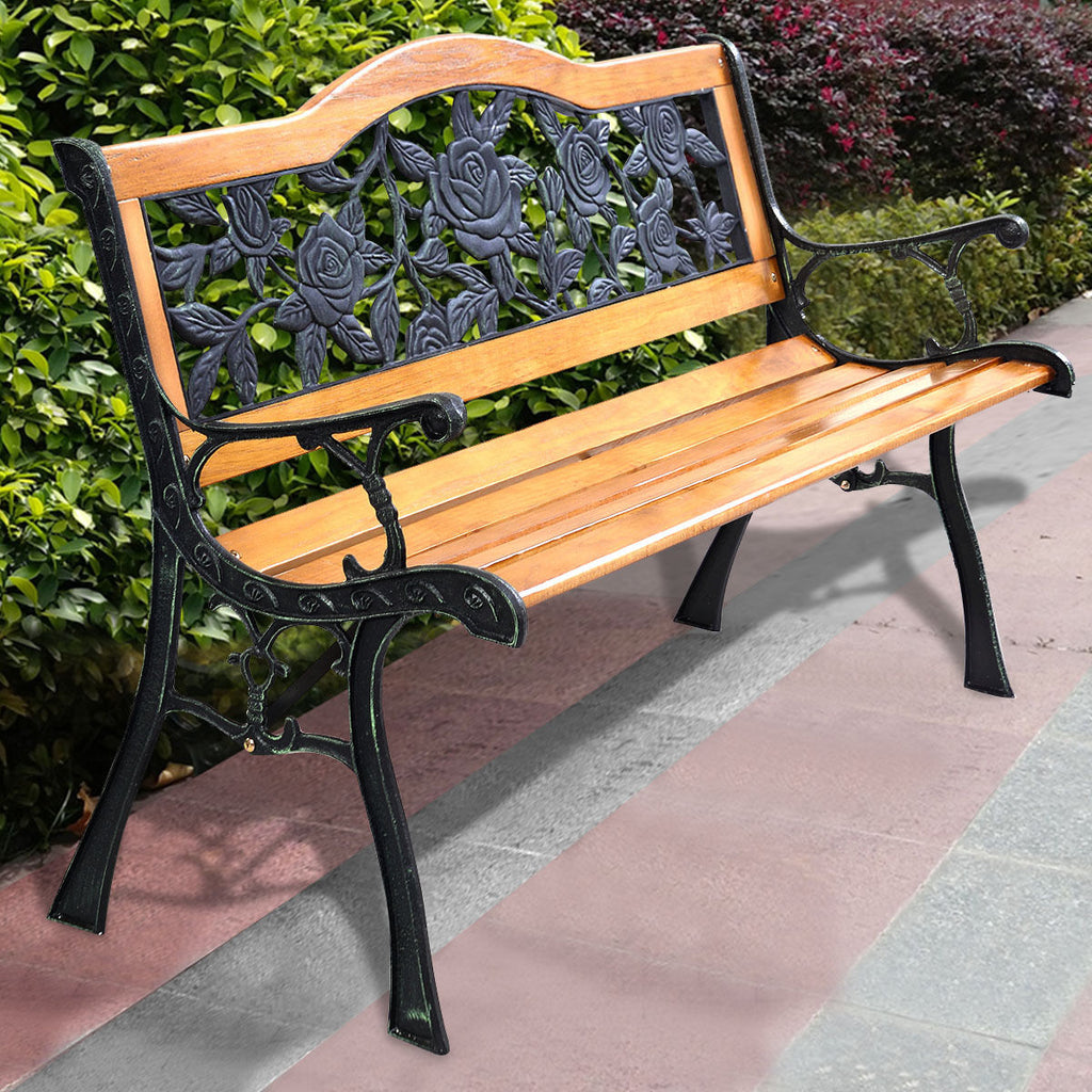 Outdoor Wooden Loveseat Bench with Iron Armrest - Porch Chair Style 3