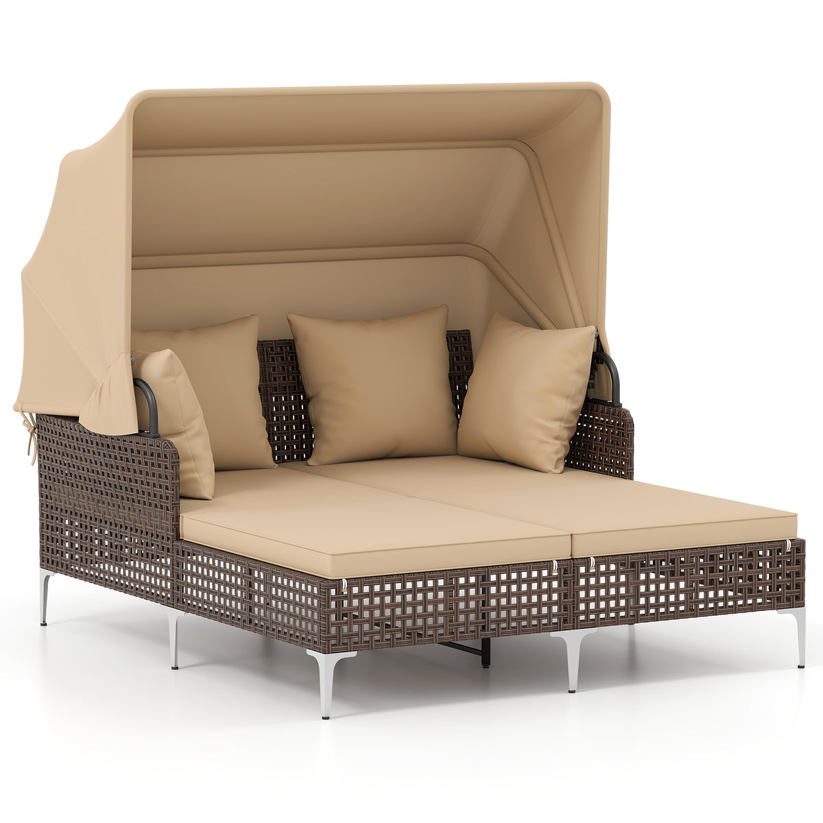 Outdoor Daybed with Retractable Canopy, PE Rattan - Brown
