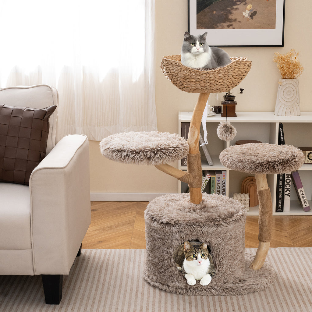 Wood Cat Tree Solid Pear Cat Tower with Perch & Sisal Posts - Brown