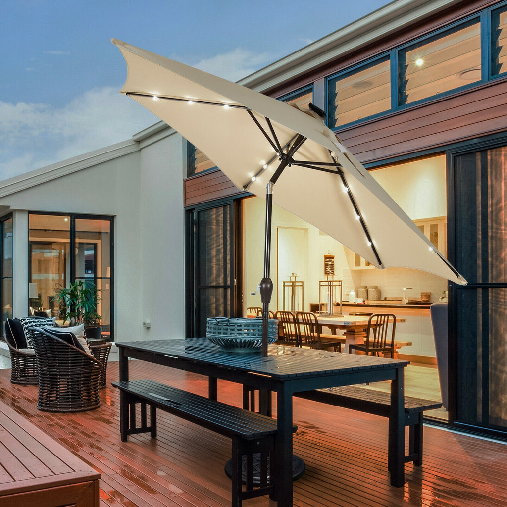 9 x 8 Feet Solar LED Market Umbrella with Tilt & Crank - 18 Lights, Beige