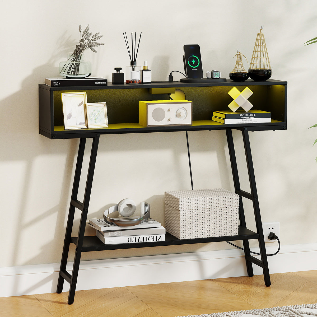 40" Console Table with Charging Station and LED Lights - Black