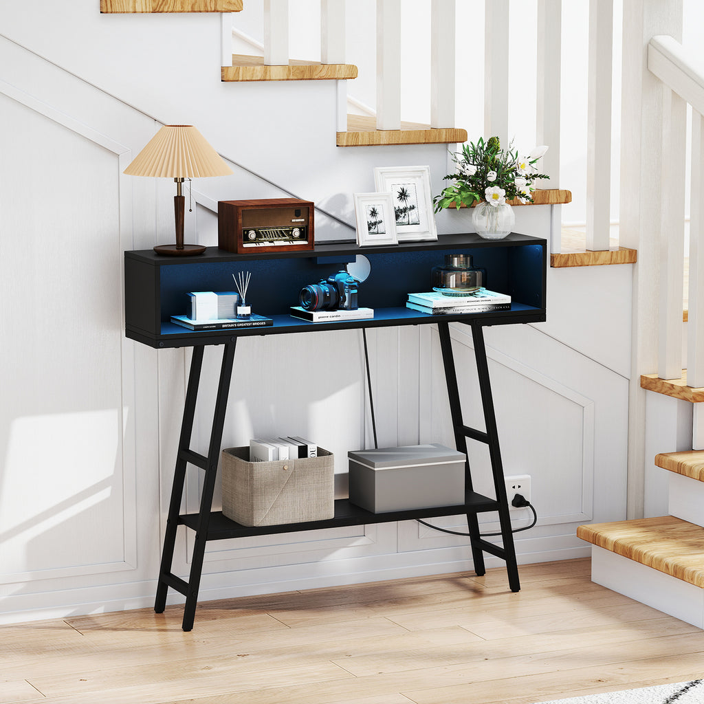 40" Console Table with Charging Station and LED Lights - Black