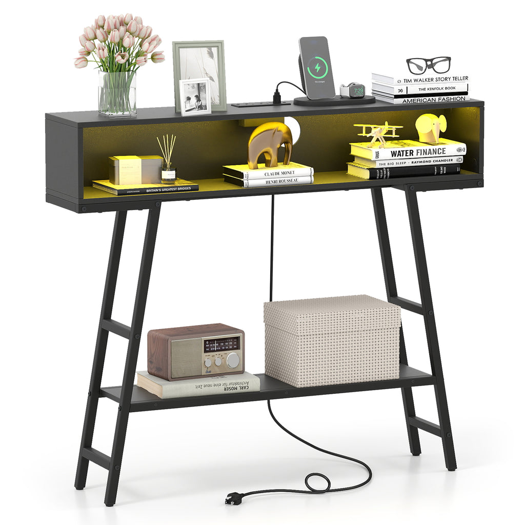 40" Console Table with Charging Station and LED Lights - Black