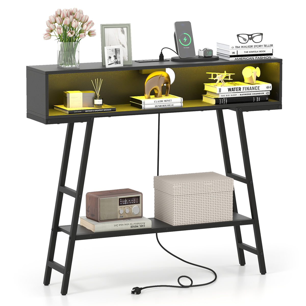40" Console Table with Charging Station and LED Lights - Black