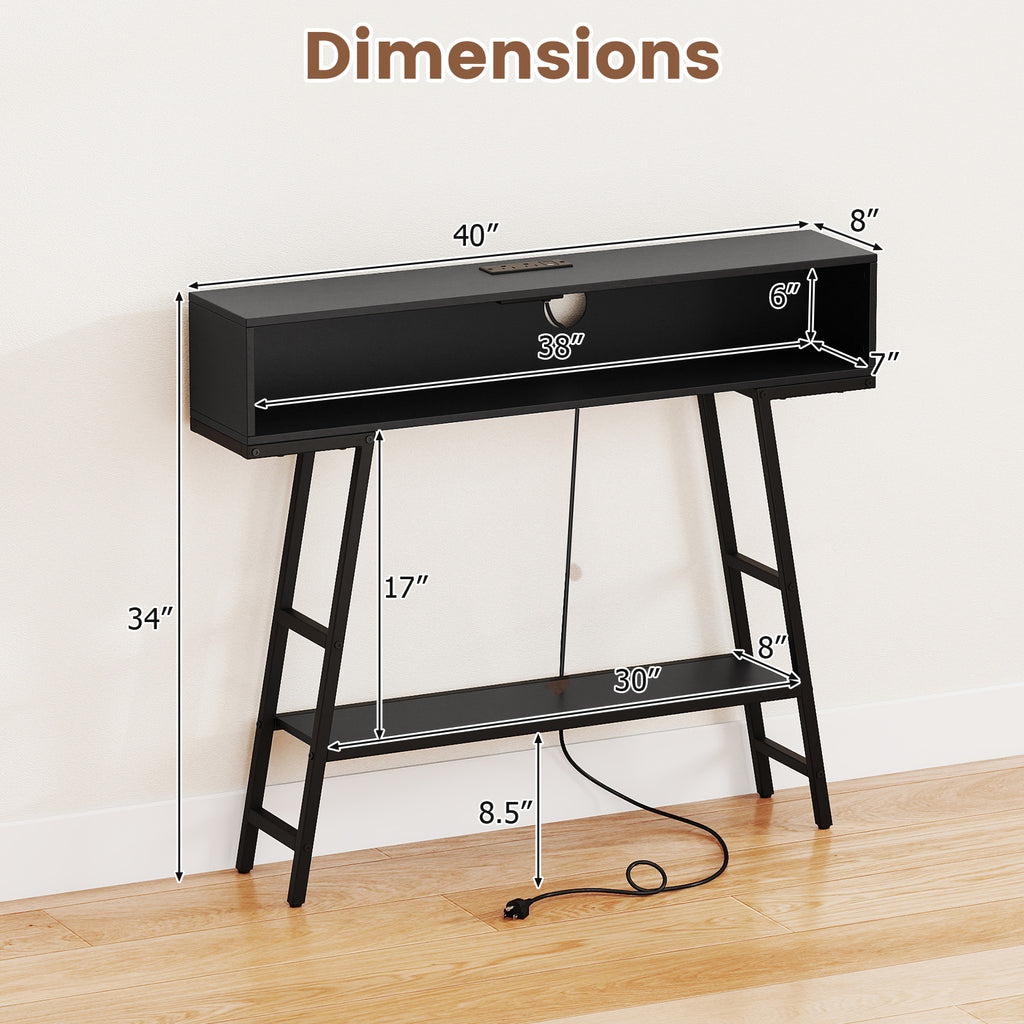 40" Console Table with Charging Station and LED Lights - Black