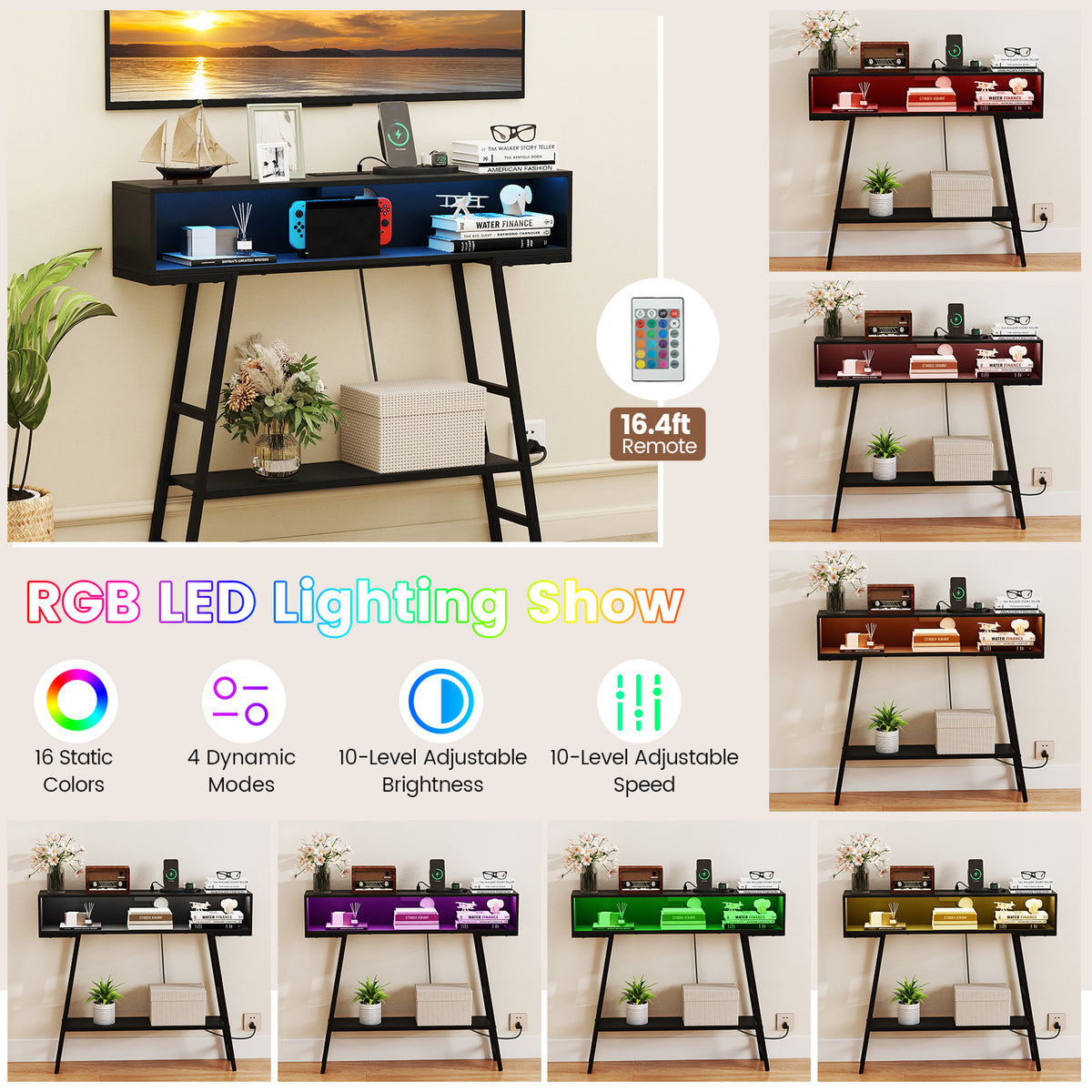 40" Console Table with Charging Station and LED Lights - Black