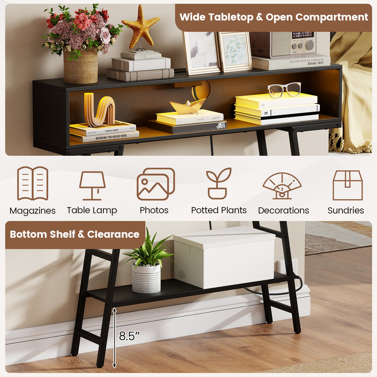 40" Console Table with Charging Station and LED Lights - Black