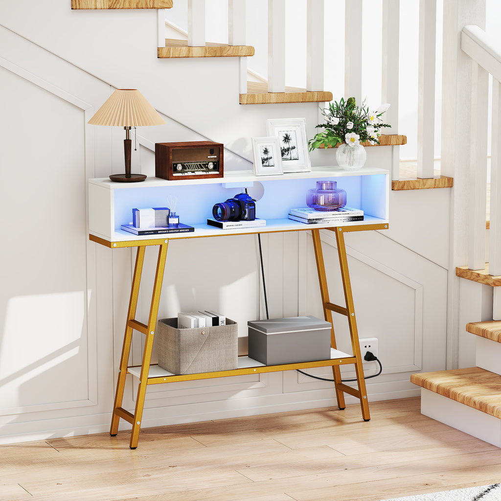 40" Console Table with Charging Station and LED Lights - White