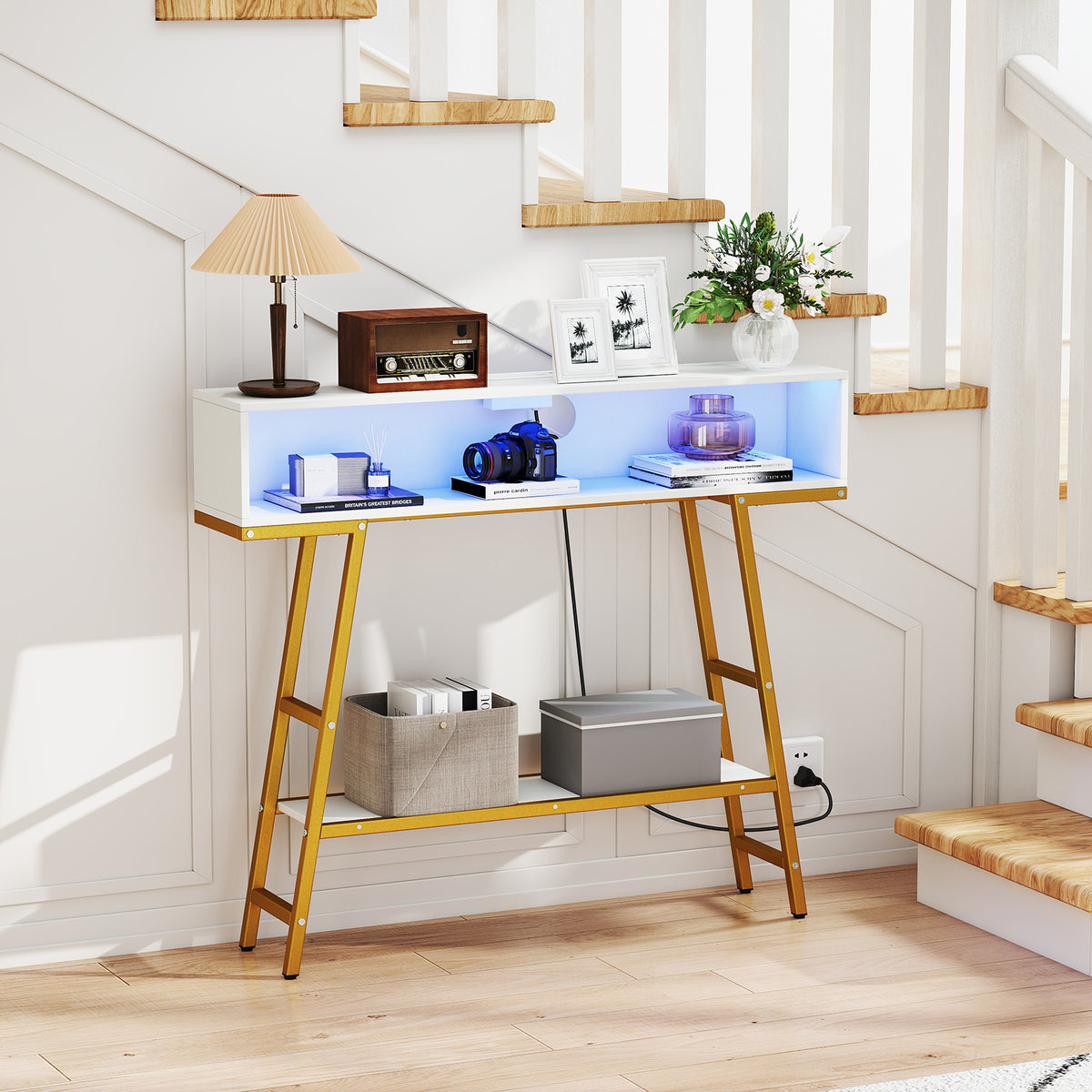 40" Console Table with Charging Station and LED Lights - White