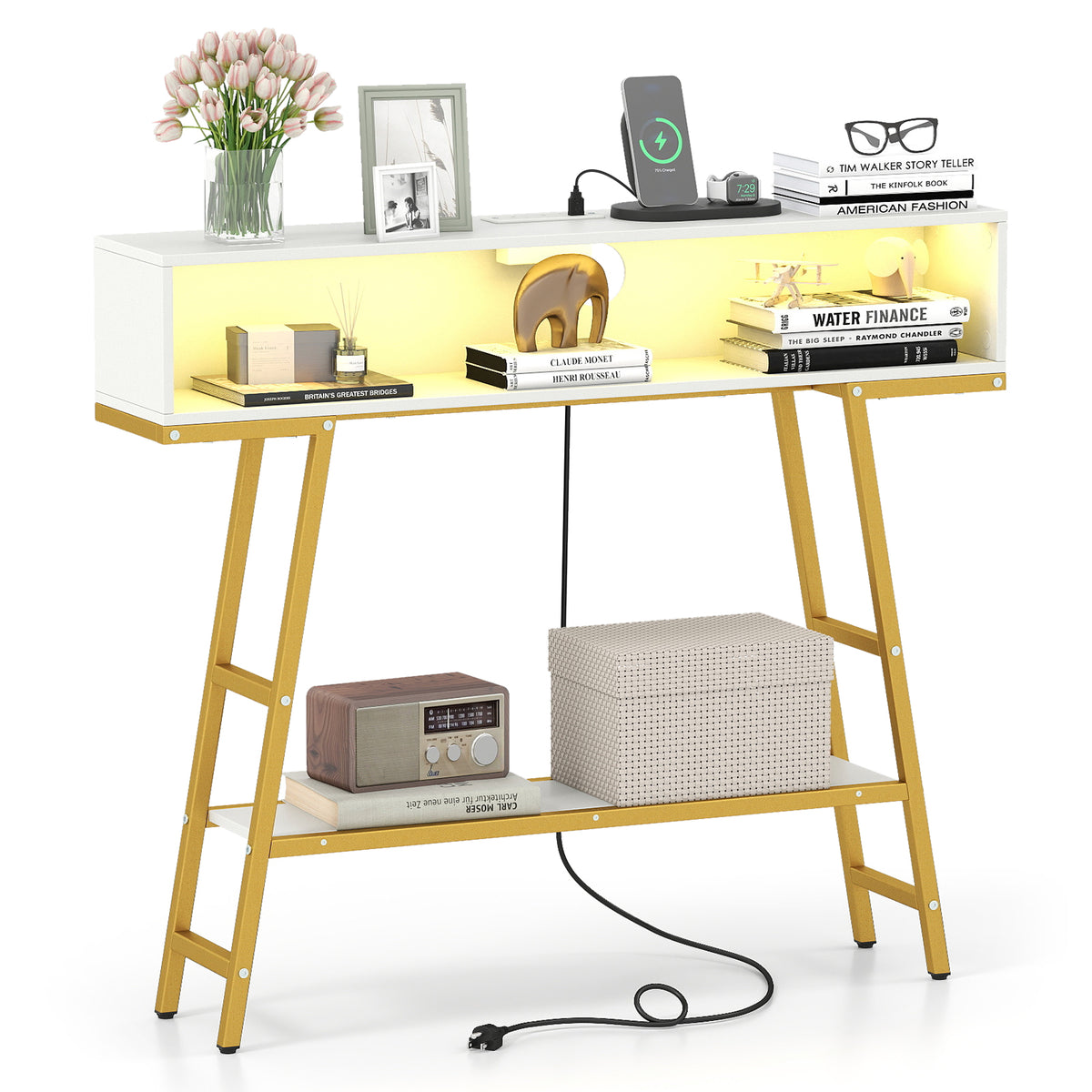 40" Console Table with Charging Station and LED Lights - White