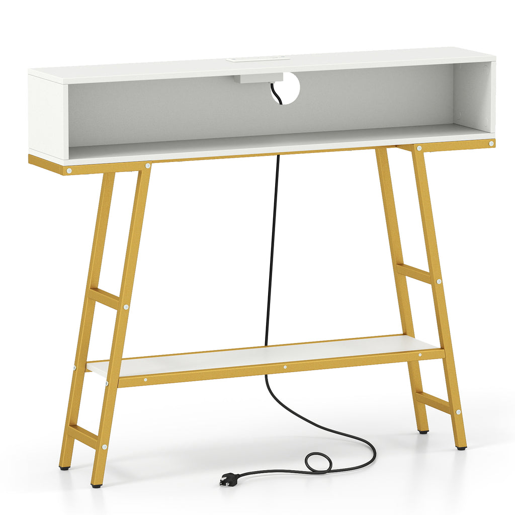40" Console Table with Charging Station and LED Lights - White