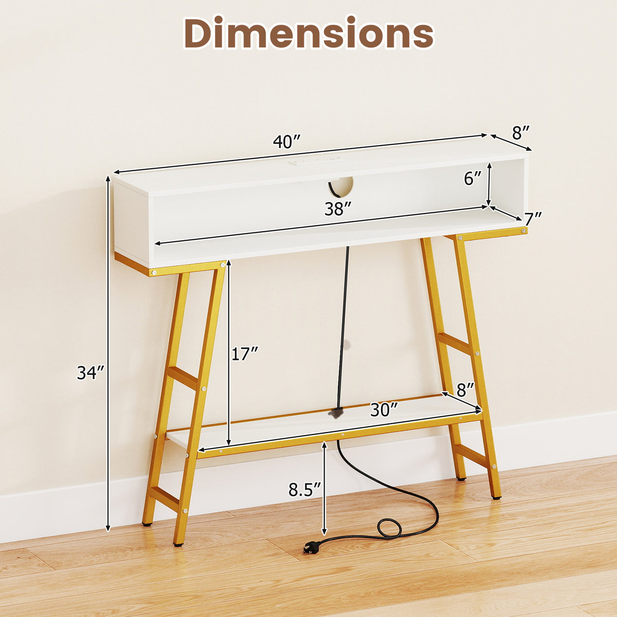 40" Console Table with Charging Station and LED Lights - White
