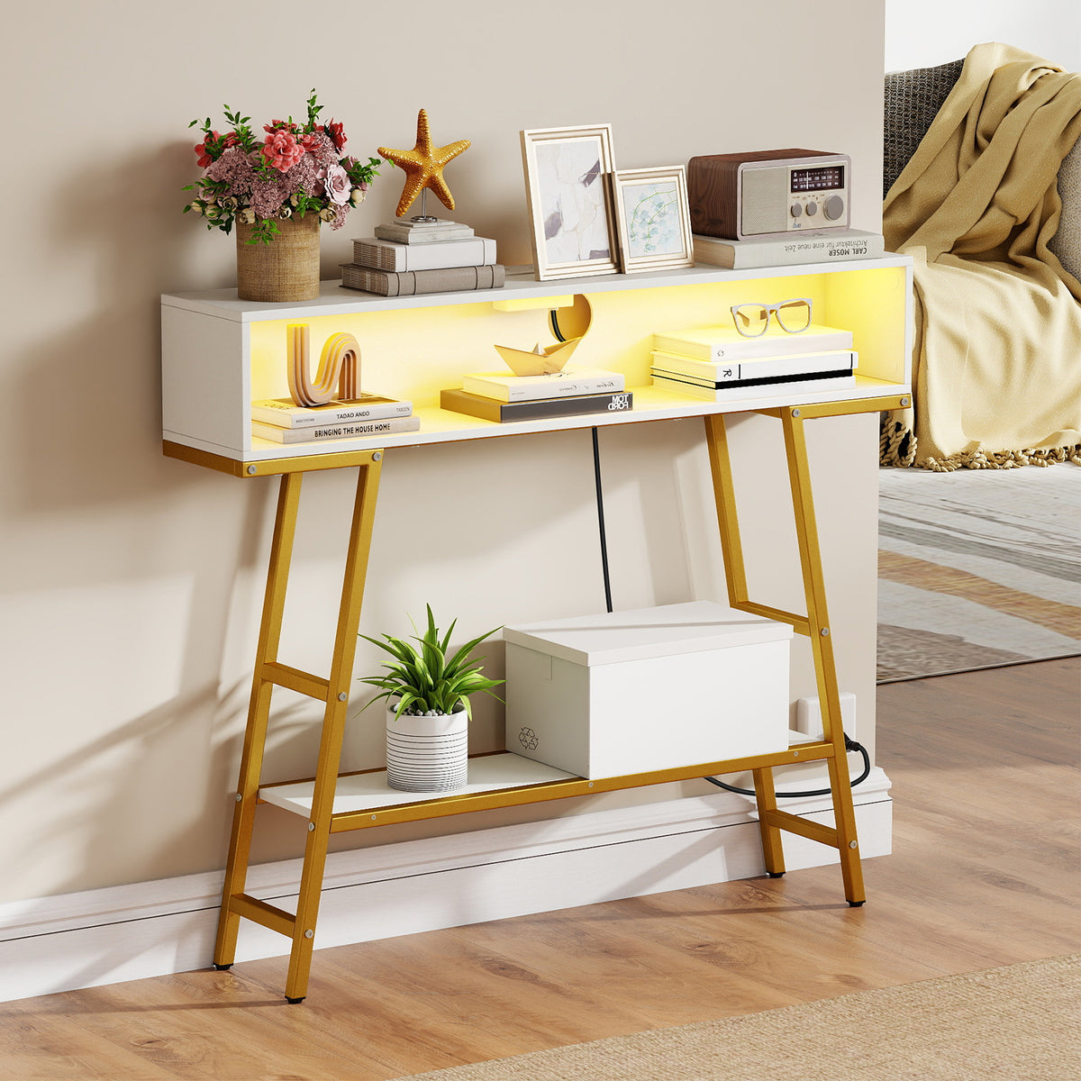 40" Console Table with Charging Station and LED Lights - White