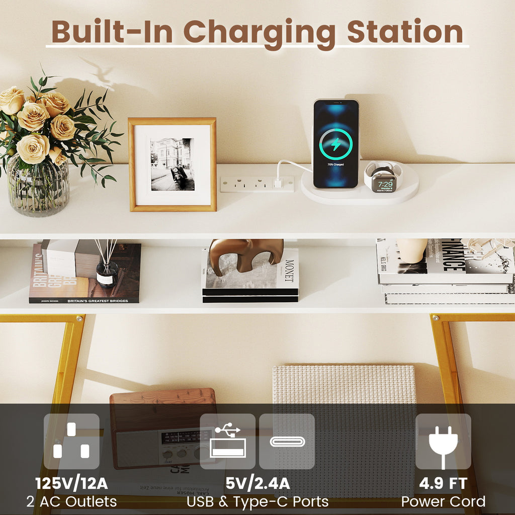 40" Console Table with Charging Station and LED Lights - White