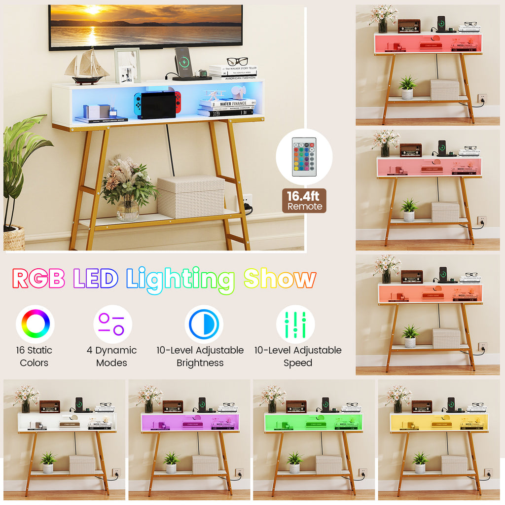 40" Console Table with Charging Station and LED Lights - White