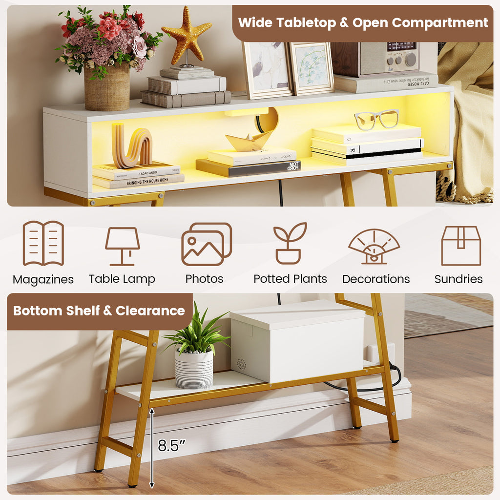 40" Console Table with Charging Station and LED Lights - White