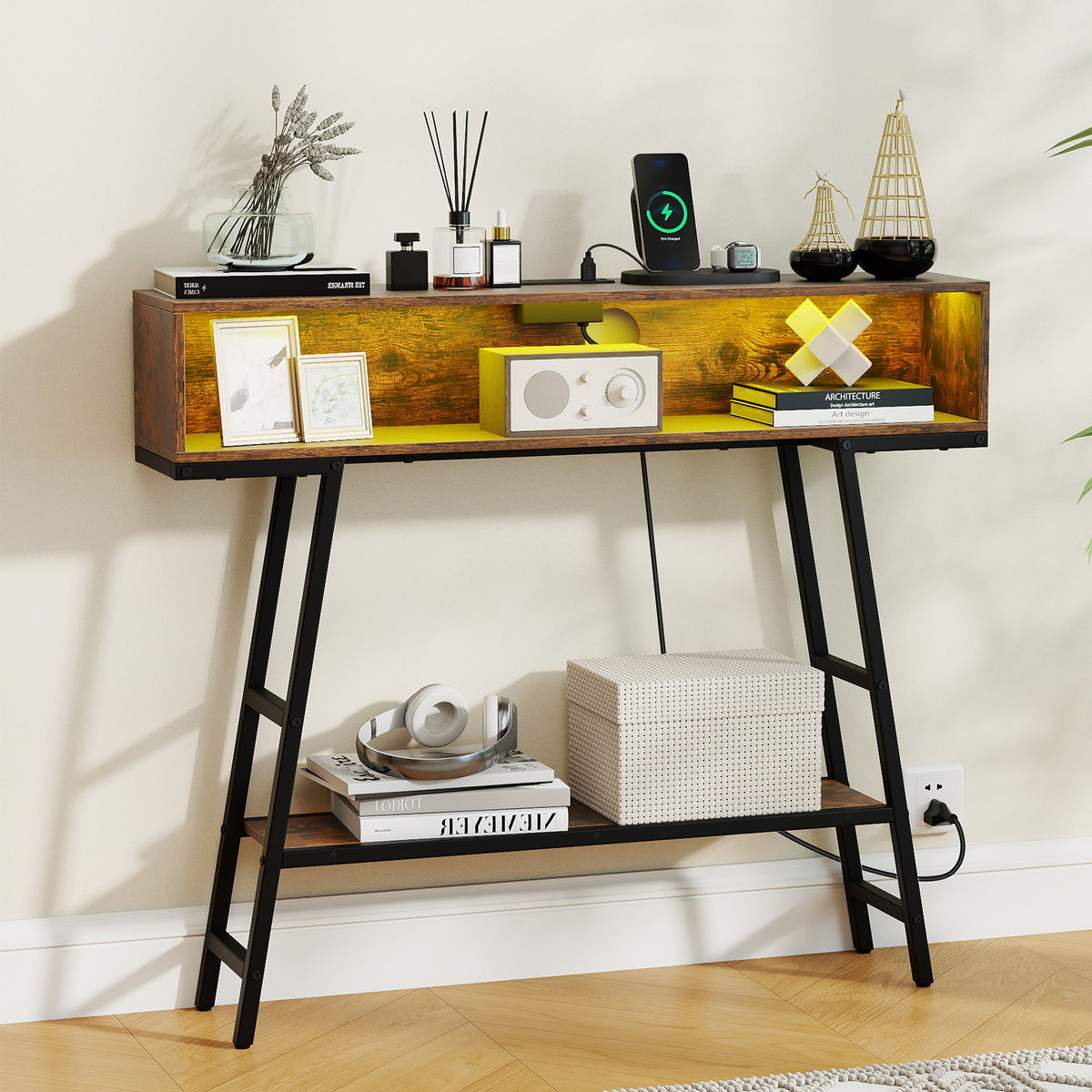 40" Console Table with Charging Station and LED Lights - Rustic Brown