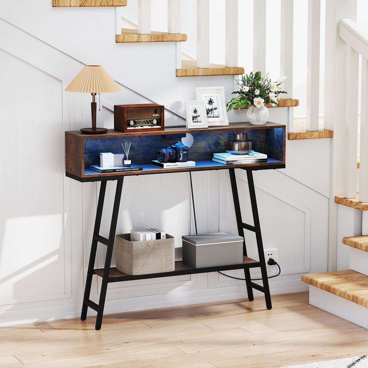 40" Console Table with Charging Station and LED Lights - Rustic Brown