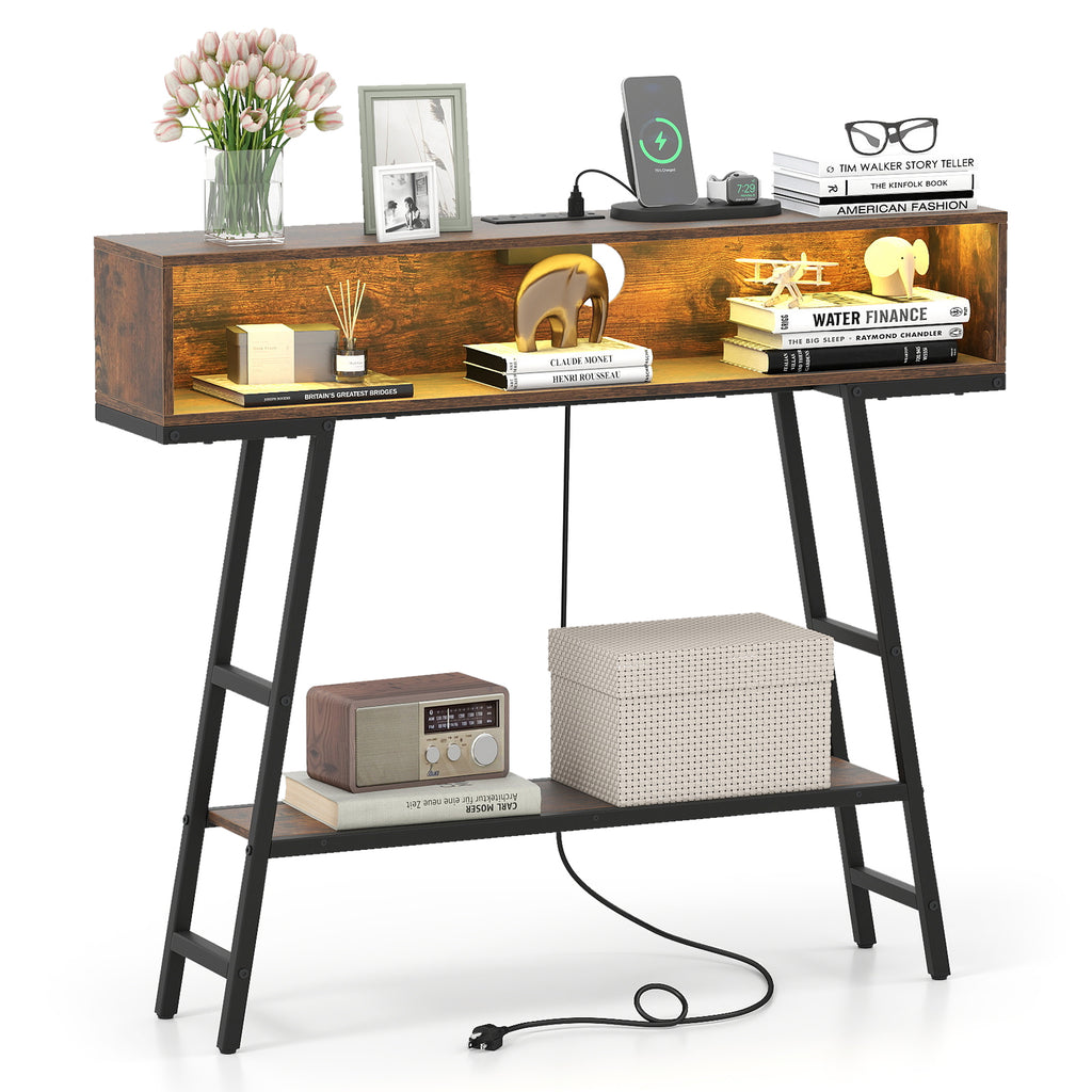 40" Console Table with Charging Station and LED Lights - Rustic Brown