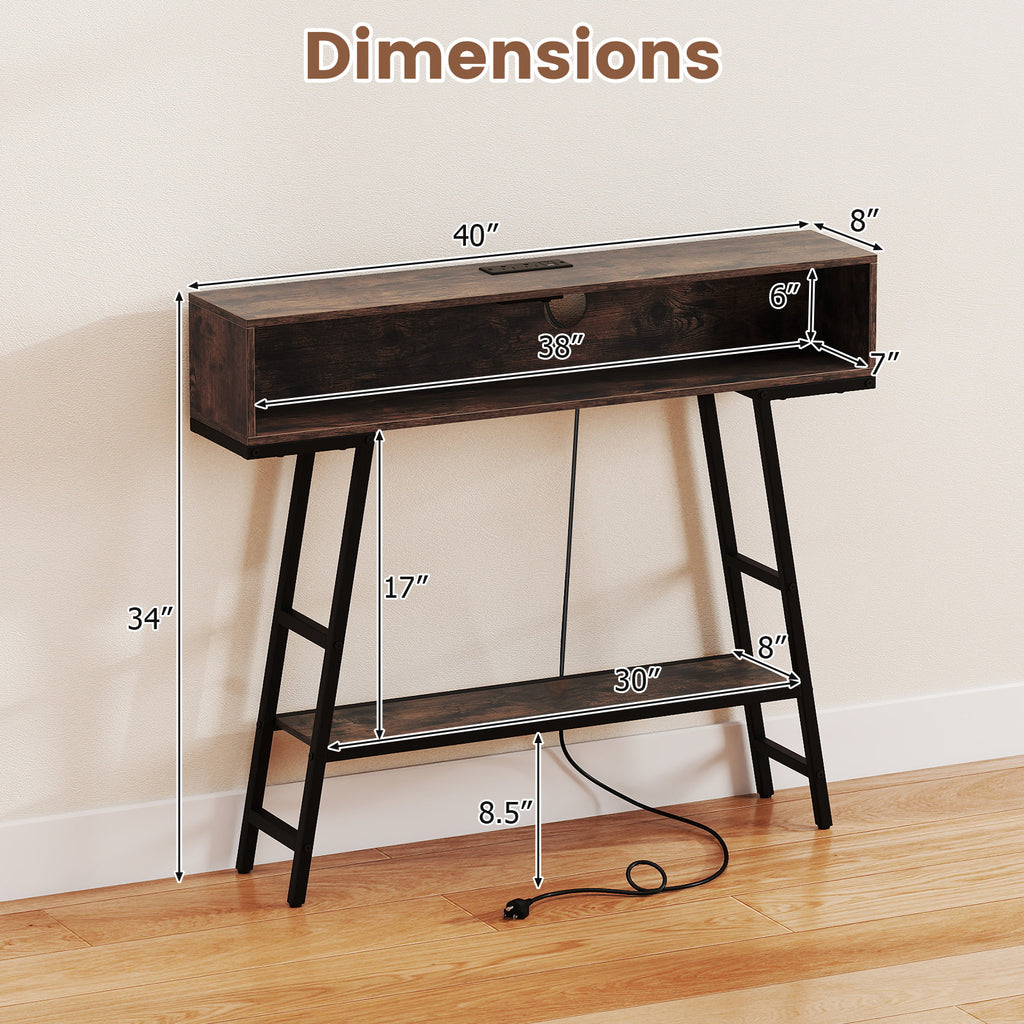40" Console Table with Charging Station and LED Lights - Rustic Brown