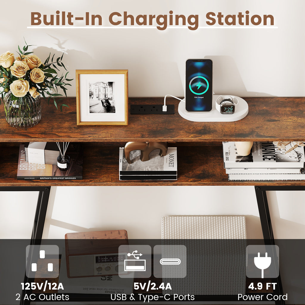 40" Console Table with Charging Station and LED Lights - Rustic Brown