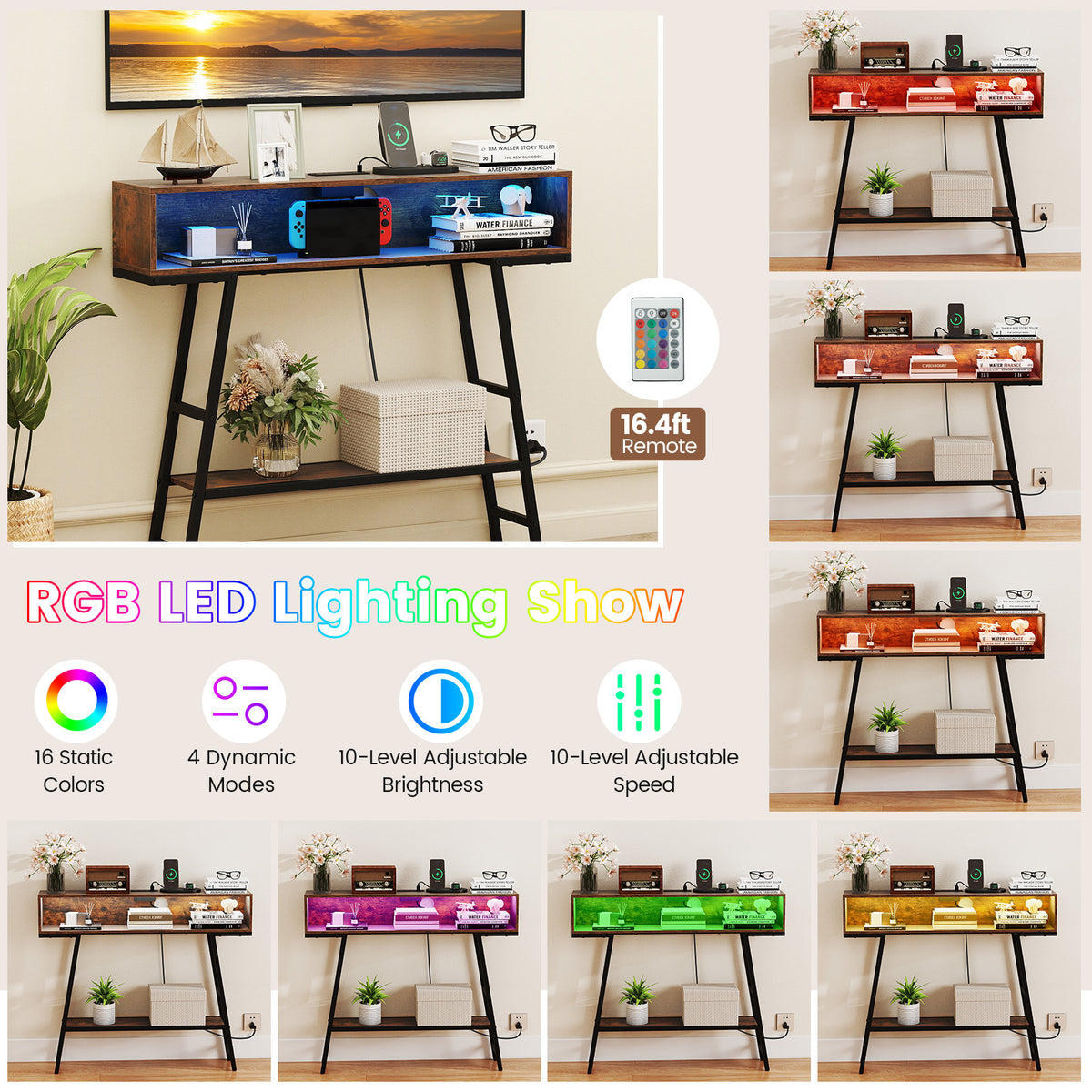 40" Console Table with Charging Station and LED Lights - Rustic Brown
