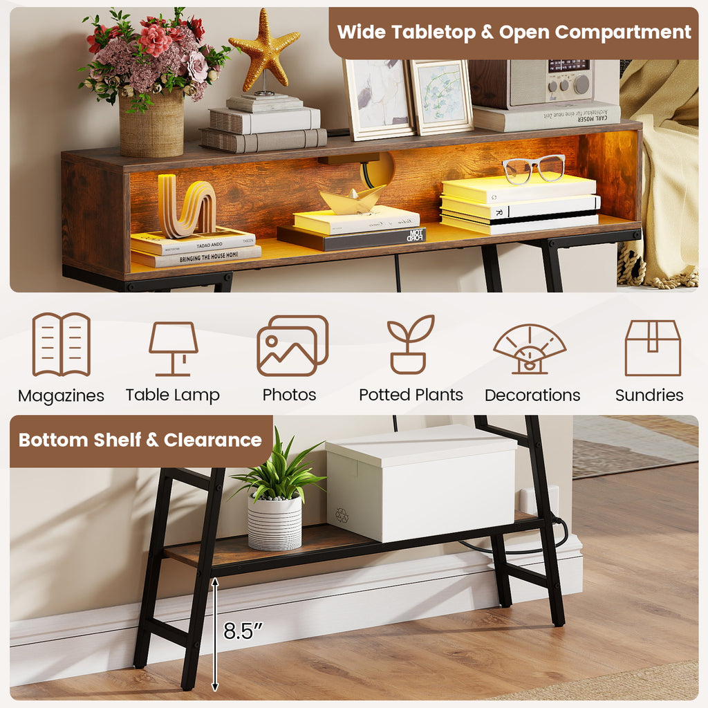 40" Console Table with Charging Station and LED Lights - Rustic Brown