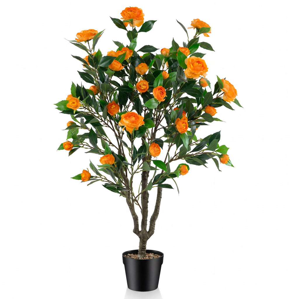 40 Inch Artificial Camellia Tree with 37 Flowers and River Stones in Pot - No Assembly, Fake Plant for Decor